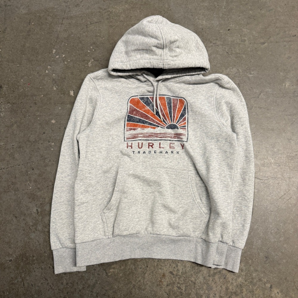 Hurley Mens Trademark Graphic Hoodie Heather Gray Sunburst Pullover Medium